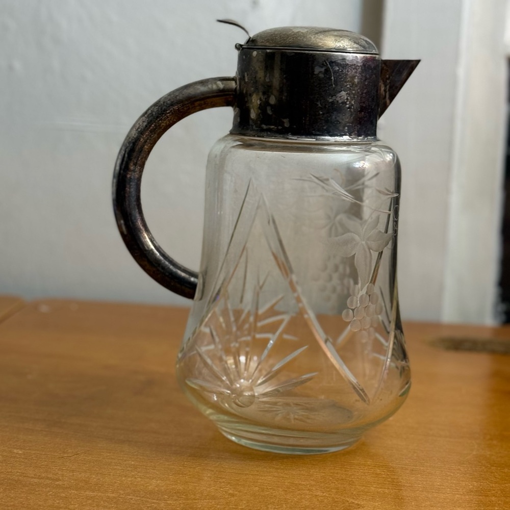 Vintage lead Crystal glass pitcher‎ with silver handle, heavy